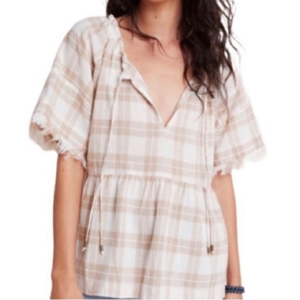 Pilcro by Anthropology cotton and linen tan and white checked peasant blouse